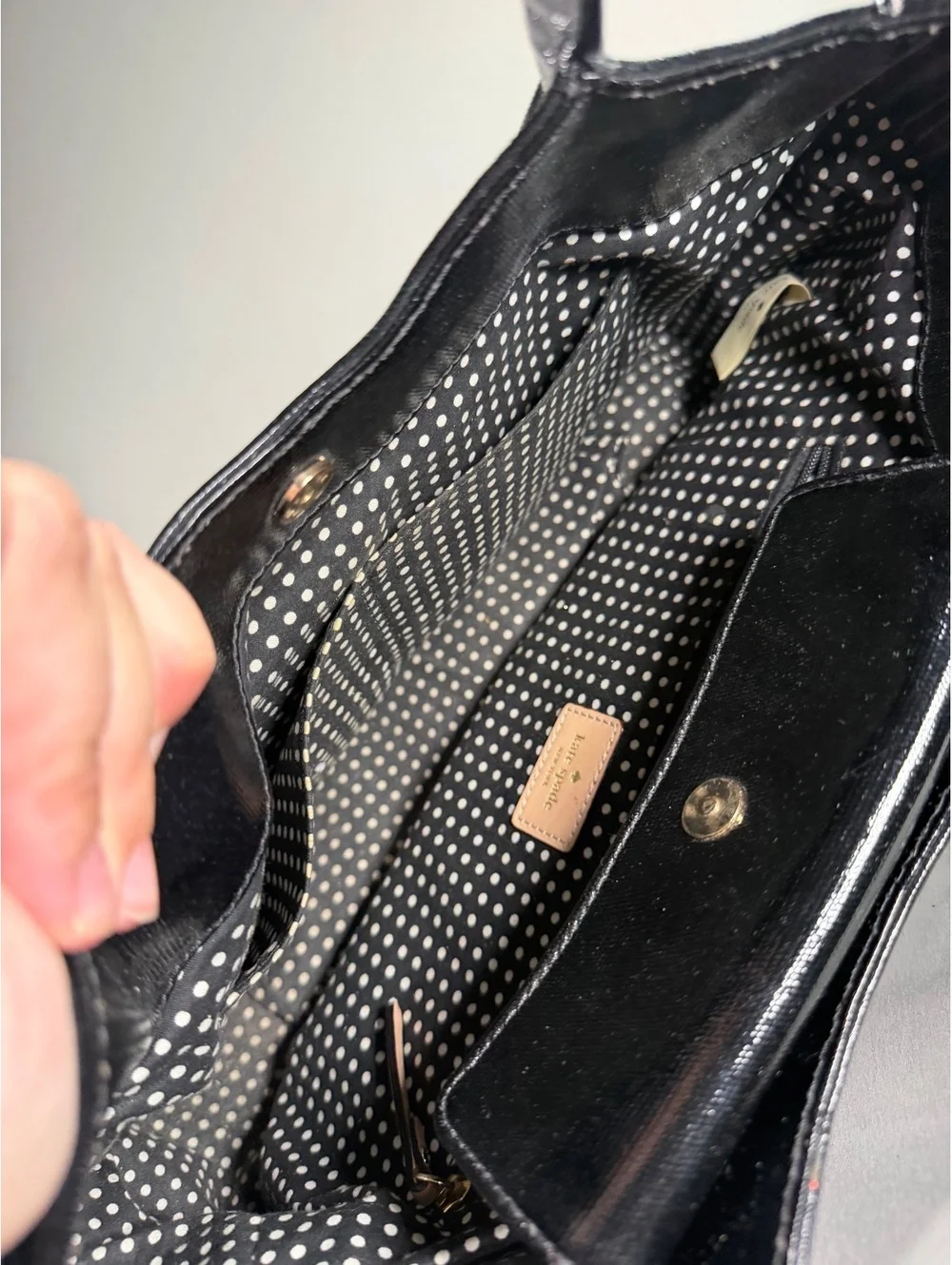 Kate Spade New York Black Patent Leather Tote Bag with Beige Handles